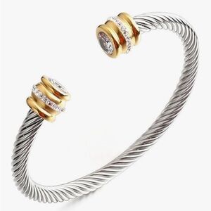 Sculptural Cable Cuff Bracelet — Two-Tone Gold & Silver Crystal Torque Bangle